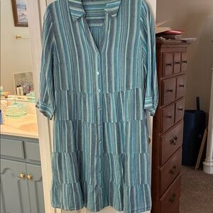Soft Surroundings Aqua PinkStriped 100% Linen Dress SZ PM